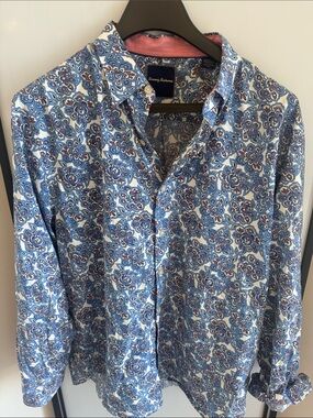 Tommy Bahama Blue and White Paisley-Style Button-Down Shirt